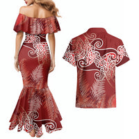 Aotearoa Maori Koru Curves Couples Matching Mermaid Dress and Hawaiian Shirt Silver Ferns - Crimson Red