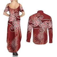 Aotearoa Maori Koru Curves Couples Matching Summer Maxi Dress and Long Sleeve Button Shirt Silver Ferns - Crimson Red