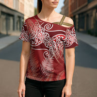 Aotearoa Maori Koru Curves Cross Shoulder Shirt Silver Ferns - Crimson Red