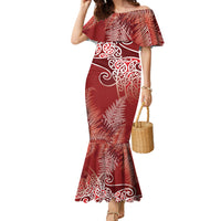 Aotearoa Maori Koru Curves Family Matching Mermaid Dress and Hawaiian Shirt Silver Ferns - Crimson Red LT7 Mom's Dress Red - Polynesian Pride
