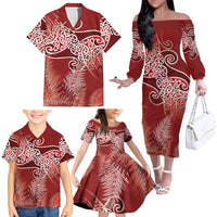Aotearoa Maori Koru Curves Family Matching Off The Shoulder Long Sleeve Dress and Hawaiian Shirt Silver Ferns - Crimson Red LT7 - Polynesian Pride