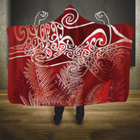 Aotearoa Maori Koru Curves Hooded Blanket Silver Ferns - Crimson Red