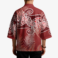 Aotearoa Maori Koru Curves Kimono Silver Ferns - Crimson Red