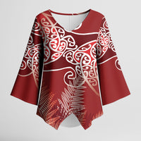 Aotearoa Maori Koru Curves Kimono Sleeve Blouse Silver Ferns - Crimson Red