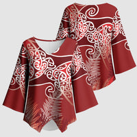 Aotearoa Maori Koru Curves Kimono Sleeve Blouse Silver Ferns - Crimson Red