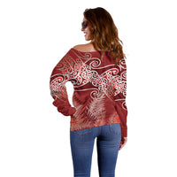 Aotearoa Maori Koru Curves Off Shoulder Sweater Silver Ferns - Crimson Red