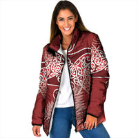 Aotearoa Maori Koru Curves Padded Jacket Silver Ferns - Crimson Red