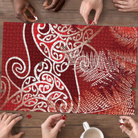 Aotearoa Maori Koru Curves Puzzle Silver Ferns - Crimson Red