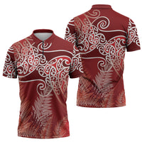 Aotearoa Maori Koru Curves Zipper Polo Shirt Silver Ferns - Crimson Red