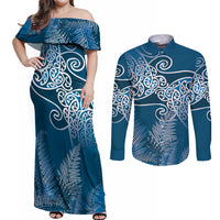 Aotearoa Maori Koru Curves Couples Matching Off Shoulder Maxi Dress and Long Sleeve Button Shirt Silver Ferns - Navy Blue