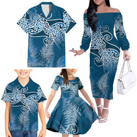 Aotearoa Maori Koru Curves Family Matching Off The Shoulder Long Sleeve Dress and Hawaiian Shirt Silver Ferns - Navy Blue LT7 - Polynesian Pride