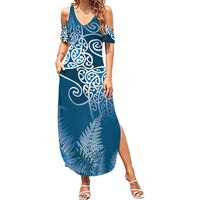 Aotearoa Maori Koru Curves Family Matching Summer Maxi Dress and Hawaiian Shirt Silver Ferns - Navy Blue LT7 Mom's Dress Navy Blue - Polynesian Pride