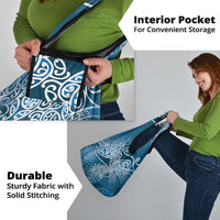 Aotearoa Maori Koru Curves Grocery Bag Silver Ferns - Navy Blue