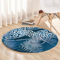 Aotearoa Maori Koru Curves Round Carpet Silver Ferns - Navy Blue