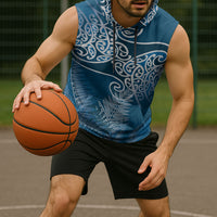 Aotearoa Maori Koru Curves Sleeveless Hoodie Silver Ferns - Navy Blue