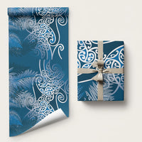 Aotearoa Maori Koru Curves Wrapping Paper Silver Ferns - Navy Blue