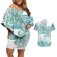 Aotearoa Maori Koru Curves Couples Matching Off Shoulder Short Dress and Hawaiian Shirt Mossy Paua Shell