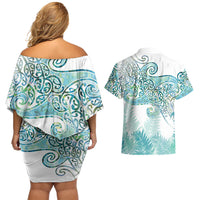 Aotearoa Maori Koru Curves Couples Matching Off Shoulder Short Dress and Hawaiian Shirt Mossy Paua Shell