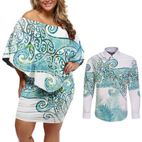 Aotearoa Maori Koru Curves Couples Matching Off Shoulder Short Dress and Long Sleeve Button Shirt Mossy Paua Shell