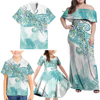 Aotearoa Maori Koru Curves Family Matching Off Shoulder Maxi Dress and Hawaiian Shirt Mossy Paua Shell