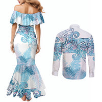 Aotearoa Maori Koru Curves Couples Matching Mermaid Dress and Long Sleeve Button Shirt Aqua Paua Shell