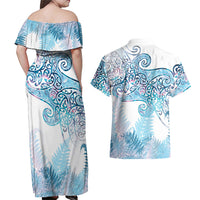 Aotearoa Maori Koru Curves Couples Matching Off Shoulder Maxi Dress and Hawaiian Shirt Aqua Paua Shell