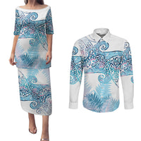 Aotearoa Maori Koru Curves Couples Matching Puletasi and Long Sleeve Button Shirt Aqua Paua Shell