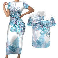 Aotearoa Maori Koru Curves Couples Matching Short Sleeve Bodycon Dress and Hawaiian Shirt Aqua Paua Shell