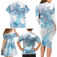 Aotearoa Maori Koru Curves Family Matching Long Sleeve Bodycon Dress and Hawaiian Shirt Aqua Paua Shell LT7 - Polynesian Pride