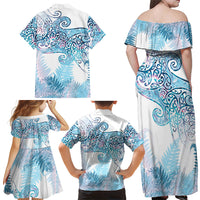 Aotearoa Maori Koru Curves Family Matching Off Shoulder Maxi Dress and Hawaiian Shirt Aqua Paua Shell