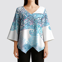 Aotearoa Maori Koru Curves Kimono Sleeve Blouse Aqua Paua Shell