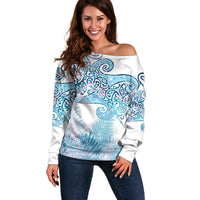 Aotearoa Maori Koru Curves Off Shoulder Sweater Aqua Paua Shell