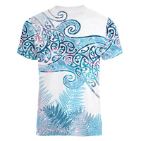Aotearoa Maori Koru Curves Women V-Neck T-Shirt Aqua Paua Shell