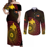 Papua New Guinea Independence Personalized Couples Matching Off Shoulder Maxi Dress and Long Sleeve Button Shirt Tapa Circle LT7 Black - Polynesian Pride