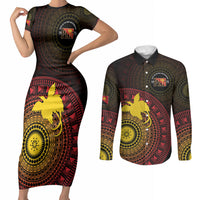 Papua New Guinea Independence Personalized Couples Matching Short Sleeve Bodycon Dress and Long Sleeve Button Shirt Tapa Circle LT7 Black - Polynesian Pride