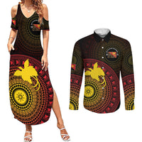 Papua New Guinea Independence Personalized Couples Matching Summer Maxi Dress and Long Sleeve Button Shirt Tapa Circle LT7 Black - Polynesian Pride