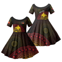 Papua New Guinea Independence Personalized Family Matching Off Shoulder Short Dress and Hawaiian Shirt Tapa Circle LT7 Daughter's Dress Black - Polynesian Pride