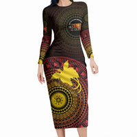 Papua New Guinea Independence Personalized Long Sleeve Bodycon Dress Tapa Circle LT7 Long Dress Black - Polynesian Pride