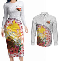 Hapi De Bilong Indipendens Papua New Guinea Couples Matching Long Sleeve Bodycon Dress and Long Sleeve Button Shirt PNG Lime Pot LT7 White - Polynesian Pride