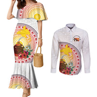 Hapi De Bilong Indipendens Papua New Guinea Couples Matching Mermaid Dress and Long Sleeve Button Shirt PNG Lime Pot LT7 White - Polynesian Pride