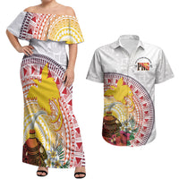 Hapi De Bilong Indipendens Papua New Guinea Couples Matching Off Shoulder Maxi Dress and Hawaiian Shirt PNG Lime Pot LT7 White - Polynesian Pride