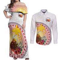 Hapi De Bilong Indipendens Papua New Guinea Couples Matching Off Shoulder Maxi Dress and Long Sleeve Button Shirt PNG Lime Pot LT7 White - Polynesian Pride