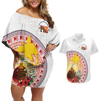 Hapi De Bilong Indipendens Papua New Guinea Couples Matching Off Shoulder Short Dress and Hawaiian Shirt PNG Lime Pot LT7 White - Polynesian Pride
