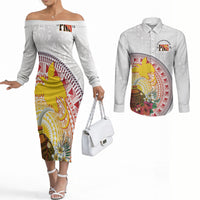 Hapi De Bilong Indipendens Papua New Guinea Couples Matching Off The Shoulder Long Sleeve Dress and Long Sleeve Button Shirt PNG Lime Pot LT7 White - Polynesian Pride