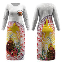 Hapi De Bilong Indipendens Papua New Guinea Family Matching Long Sleeve Bodycon Dress and Hawaiian Shirt PNG Lime Pot LT7 Mom's Dress White - Polynesian Pride