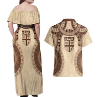 Bula Fiji Day 55th Anniversary Masi Tapa Couples Matching Off Shoulder Maxi Dress and Hawaiian Shirt Emerald Jubilee - Beige - Polynesian Pride
