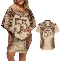Bula Fiji Day 55th Anniversary Masi Tapa Couples Matching Off Shoulder Short Dress and Hawaiian Shirt Emerald Jubilee - Beige - Polynesian Pride