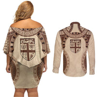 Bula Fiji Day 55th Anniversary Masi Tapa Couples Matching Off Shoulder Short Dress and Long Sleeve Button Shirt Emerald Jubilee - Beige - Polynesian Pride