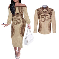 Bula Fiji Day 55th Anniversary Masi Tapa Couples Matching Off The Shoulder Long Sleeve Dress and Long Sleeve Button Shirt Emerald Jubilee - Beige - Polynesian Pride