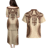 Bula Fiji Day 55th Anniversary Masi Tapa Couples Matching Puletasi and Hawaiian Shirt Emerald Jubilee - Beige - Polynesian Pride